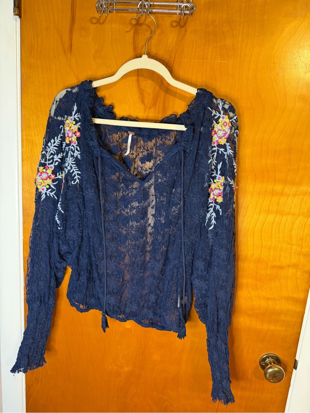 Free People Navy Lace Blouse with Floral Embroidery